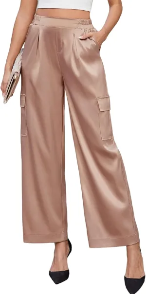 ZAFUL Womens Satin Pants Wide Leg High Waisted Cargo Pants Silky Dressy Casual Party Slack Trousers, Khaki, S