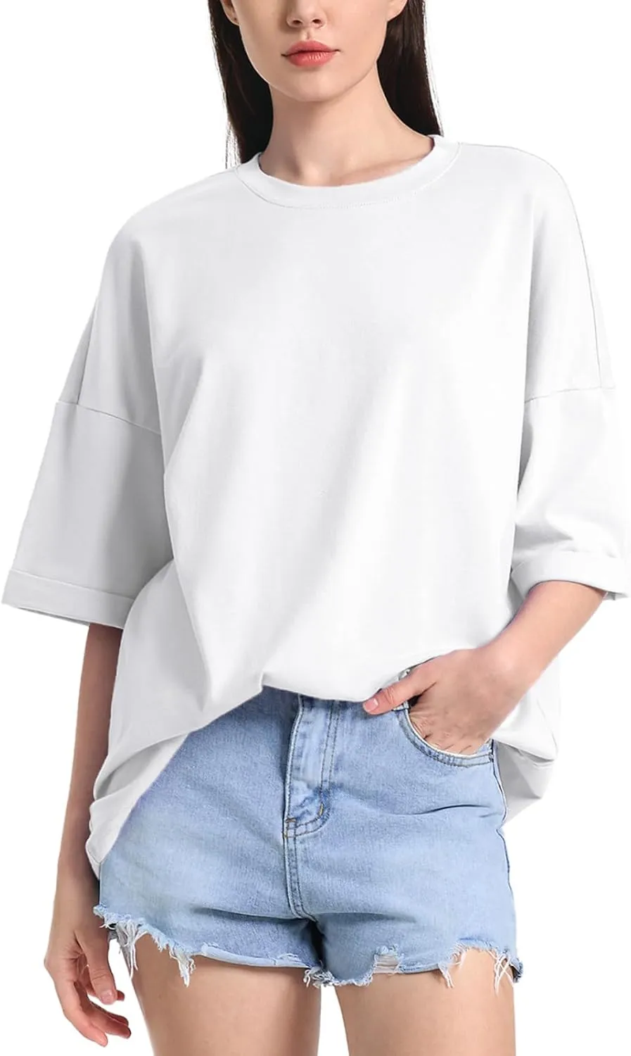 ZANZEA Oversized T Shirts for Women Short Rolled Sleeve Round Neck Summer Tops Drop Shoulder Casual Loose Basic Tees