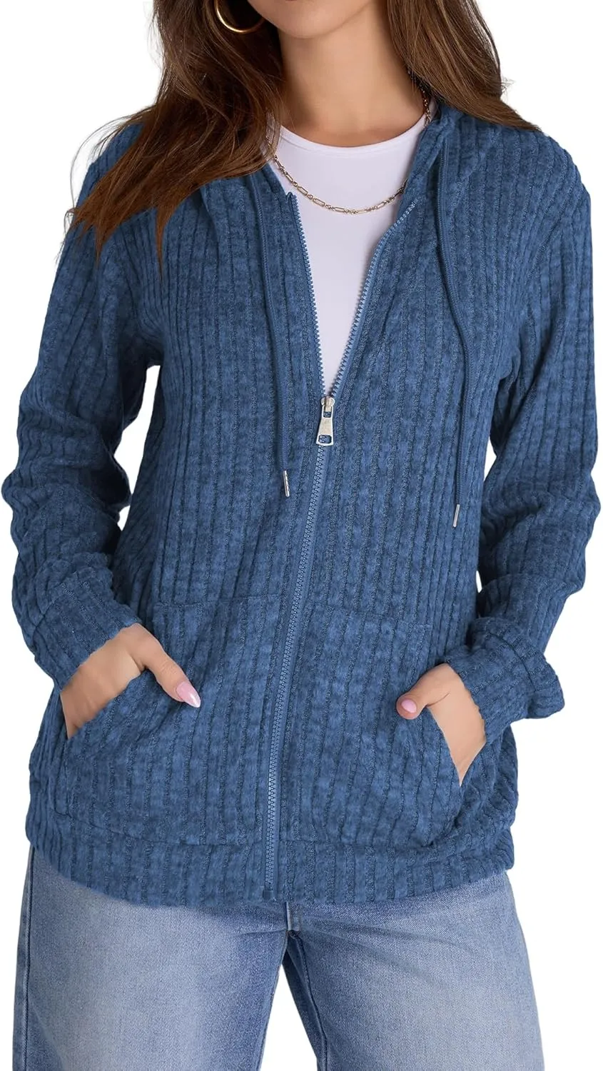 Zip Up Cardigan Sweaters for Women Winter Ribbed Knit Long Sleeve Hood Sweatshirt Jacket Casual Drawstring Jackets
