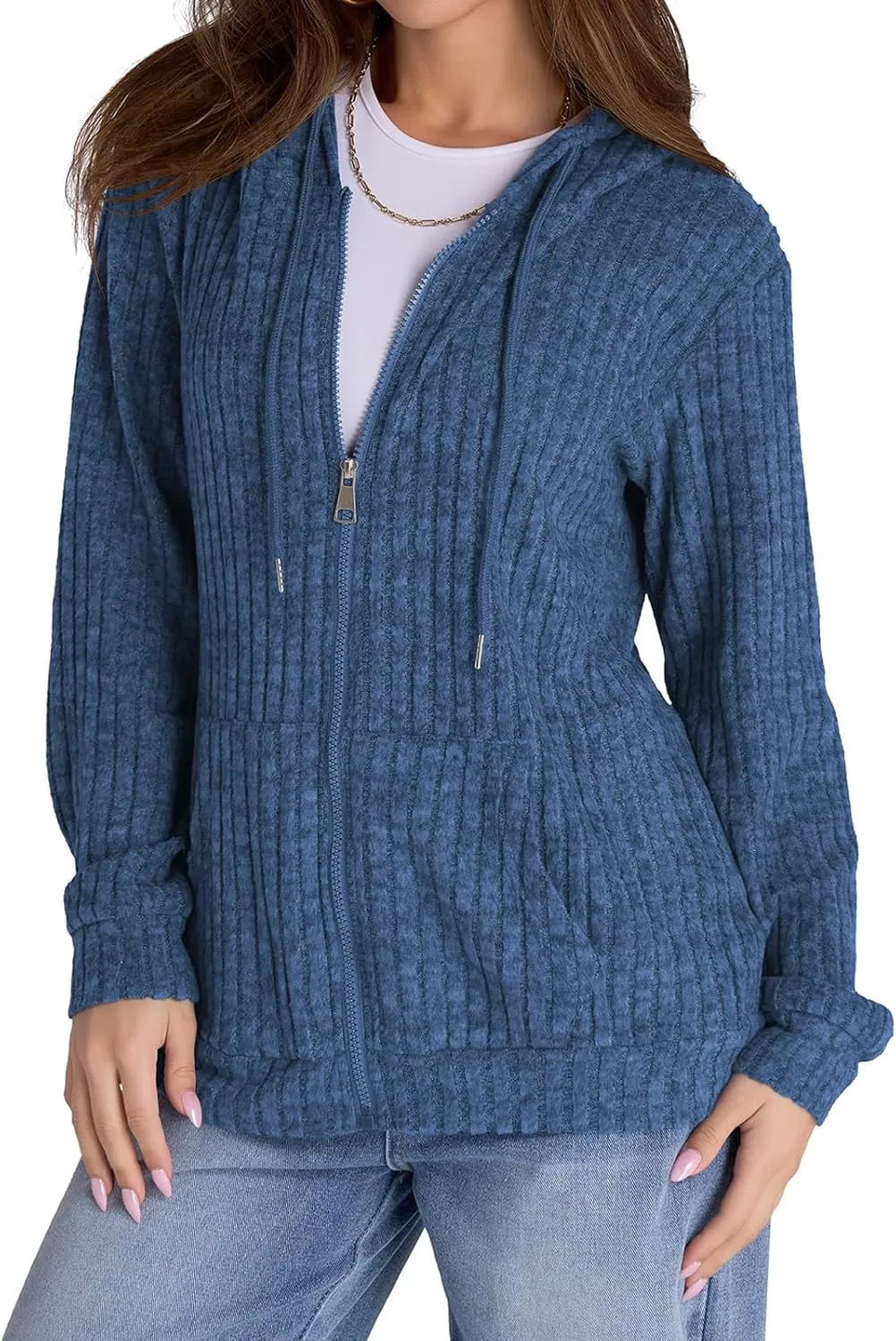 Zip Up Cardigan Sweaters for Women Winter Ribbed Knit Long Sleeve Hood Sweatshirt Jacket Casual Drawstring Jackets
