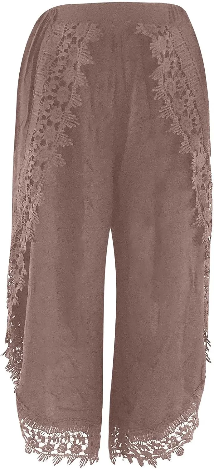 ZYXTIM Women Summer Boho Floral Printed Layered Wide Leg Pants Side Split Elastic Waist Loose Casual Beach Palazzo Pant Capri