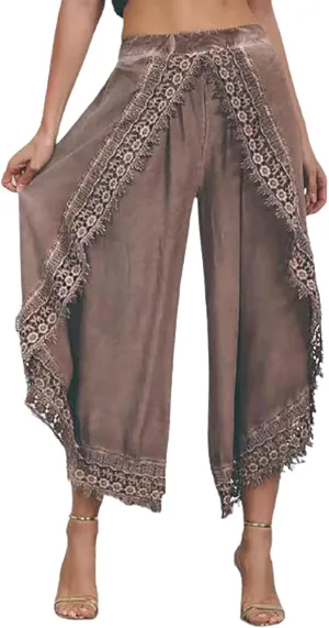 ZYXTIM Women Summer Boho Floral Printed Layered Wide Leg Pants Side Split Elastic Waist Loose Casual Beach Palazzo Pant Capri