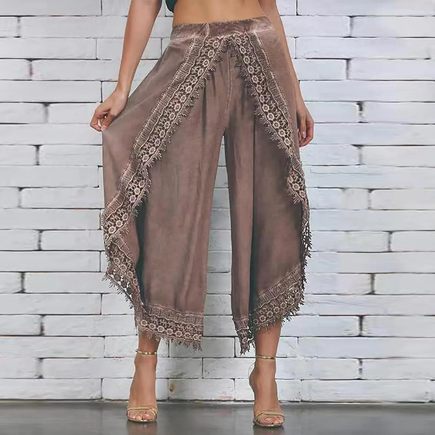 ZYXTIM Women Summer Boho Floral Printed Layered Wide Leg Pants Side Split Elastic Waist Loose Casual Beach Palazzo Pant Capri